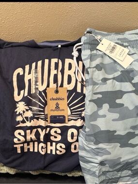 chubbies Navy Graphic Tee with Light Blue Camo Swim Trunks